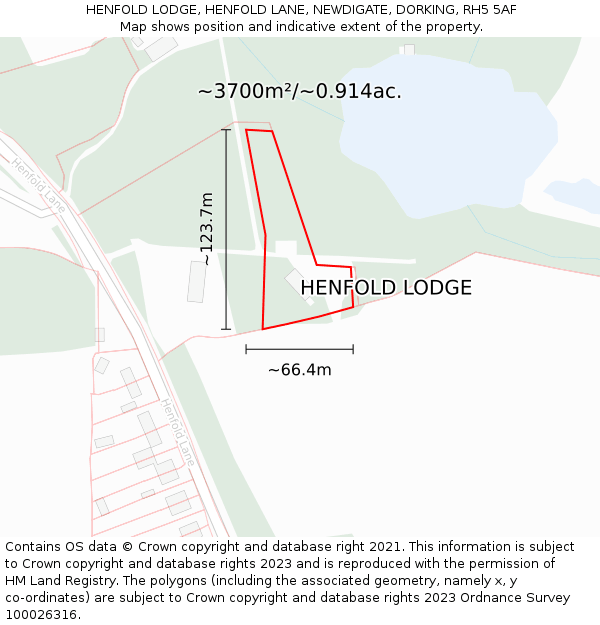 HENFOLD LODGE, HENFOLD LANE, NEWDIGATE, DORKING, RH5 5AF: Plot and title map