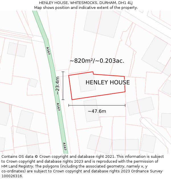 HENLEY HOUSE, WHITESMOCKS, DURHAM, DH1 4LJ: Plot and title map