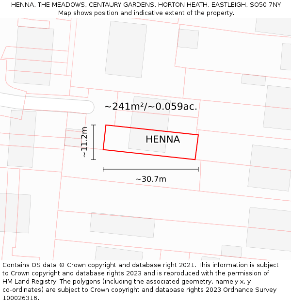 HENNA, THE MEADOWS, CENTAURY GARDENS, HORTON HEATH, EASTLEIGH, SO50 7NY: Plot and title map