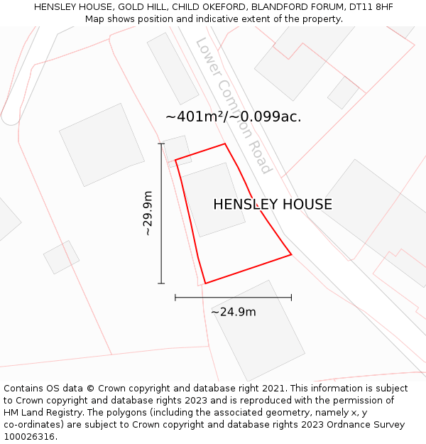 HENSLEY HOUSE, GOLD HILL, CHILD OKEFORD, BLANDFORD FORUM, DT11 8HF: Plot and title map