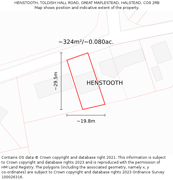 HENSTOOTH, TOLDISH HALL ROAD, GREAT MAPLESTEAD, HALSTEAD, CO9 2RB: Plot and title map