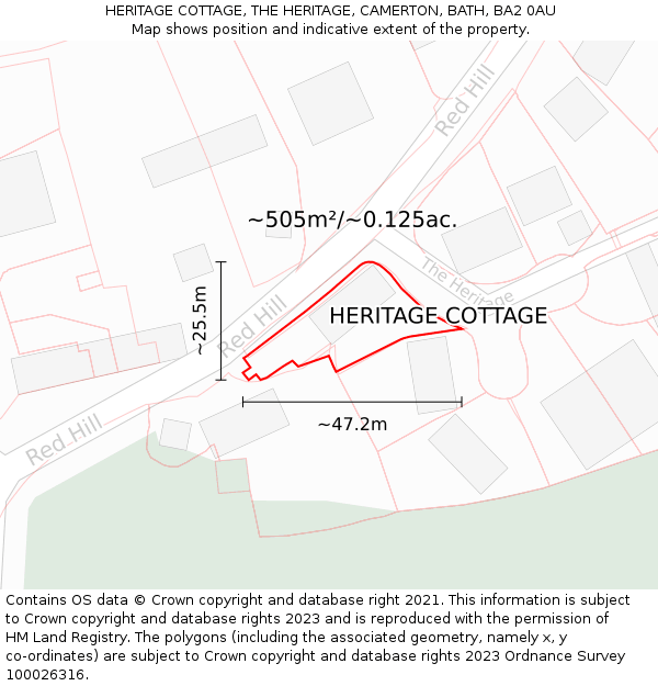 HERITAGE COTTAGE, THE HERITAGE, CAMERTON, BATH, BA2 0AU: Plot and title map