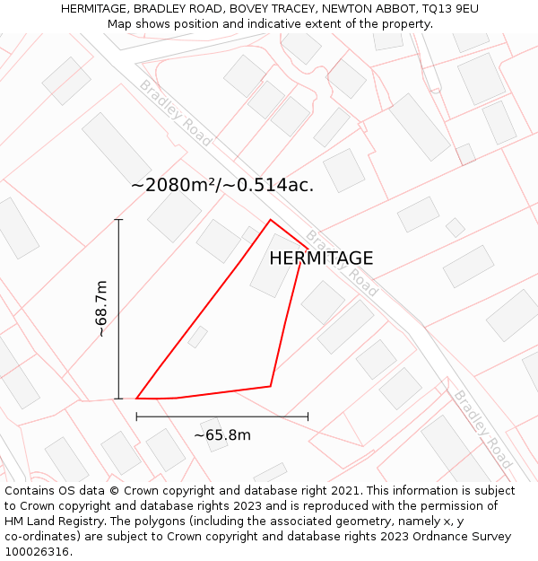 HERMITAGE, BRADLEY ROAD, BOVEY TRACEY, NEWTON ABBOT, TQ13 9EU: Plot and title map