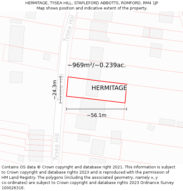 HERMITAGE, TYSEA HILL, STAPLEFORD ABBOTTS, ROMFORD, RM4 1JP: Plot and title map