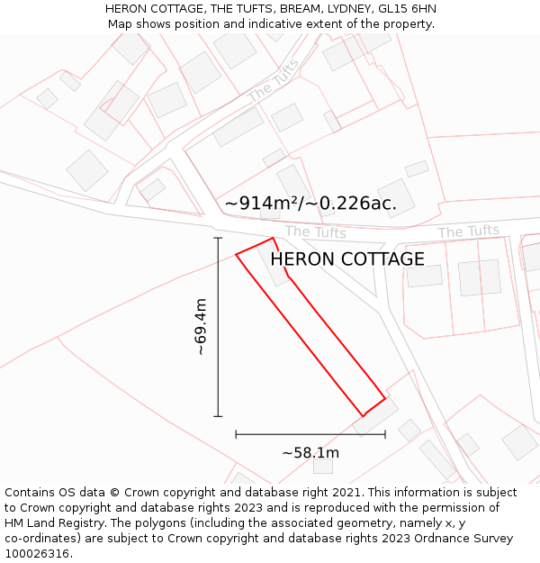 HERON COTTAGE, THE TUFTS, BREAM, LYDNEY, GL15 6HN: Plot and title map