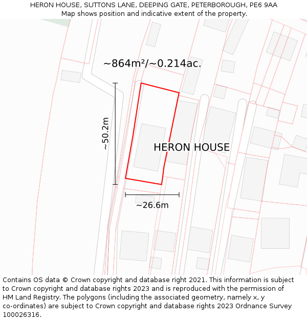 HERON HOUSE, SUTTONS LANE, DEEPING GATE, PETERBOROUGH, PE6 9AA: Plot and title map