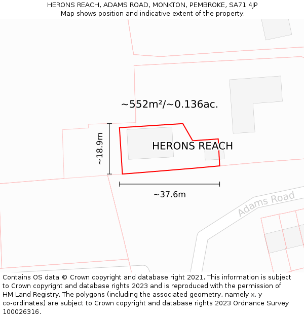 HERONS REACH, ADAMS ROAD, MONKTON, PEMBROKE, SA71 4JP: Plot and title map