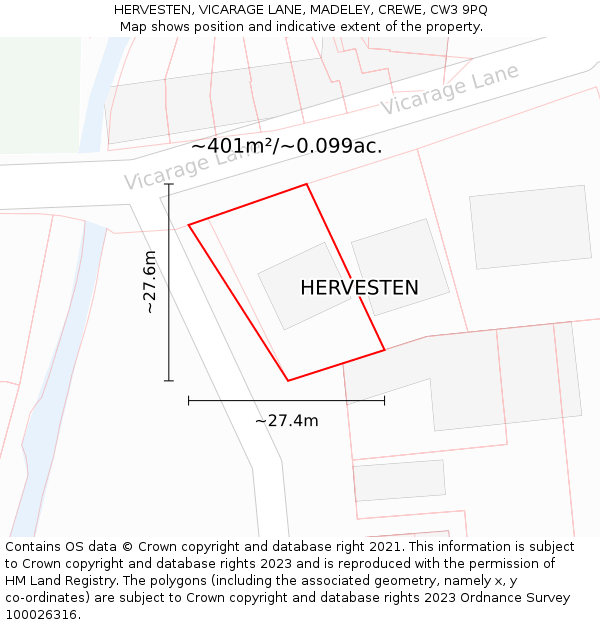 HERVESTEN, VICARAGE LANE, MADELEY, CREWE, CW3 9PQ: Plot and title map