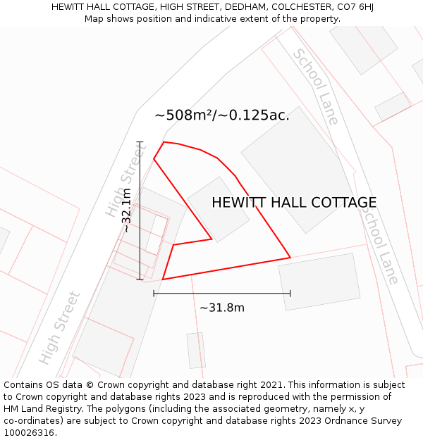 HEWITT HALL COTTAGE, HIGH STREET, DEDHAM, COLCHESTER, CO7 6HJ: Plot and title map