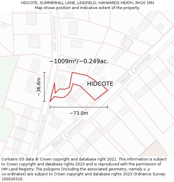 HIDCOTE, SUMMERHILL LANE, LINDFIELD, HAYWARDS HEATH, RH16 1RN: Plot and title map