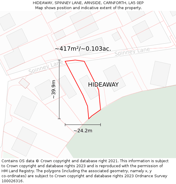 HIDEAWAY, SPINNEY LANE, ARNSIDE, CARNFORTH, LA5 0EP: Plot and title map