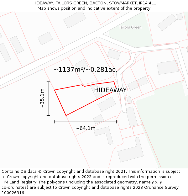 HIDEAWAY, TAILORS GREEN, BACTON, STOWMARKET, IP14 4LL: Plot and title map