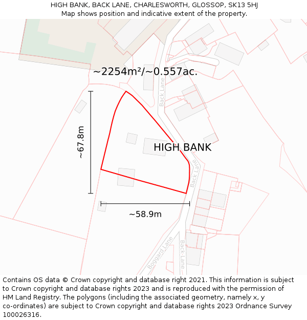 HIGH BANK, BACK LANE, CHARLESWORTH, GLOSSOP, SK13 5HJ: Plot and title map