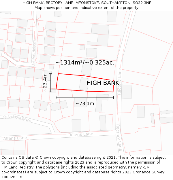 HIGH BANK, RECTORY LANE, MEONSTOKE, SOUTHAMPTON, SO32 3NF: Plot and title map