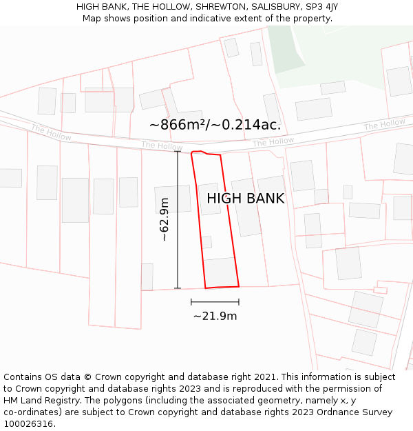 HIGH BANK, THE HOLLOW, SHREWTON, SALISBURY, SP3 4JY: Plot and title map