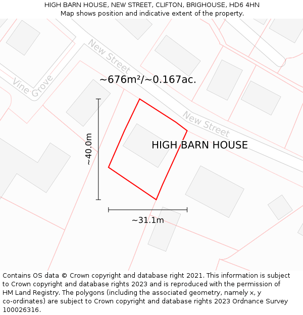 HIGH BARN HOUSE, NEW STREET, CLIFTON, BRIGHOUSE, HD6 4HN: Plot and title map