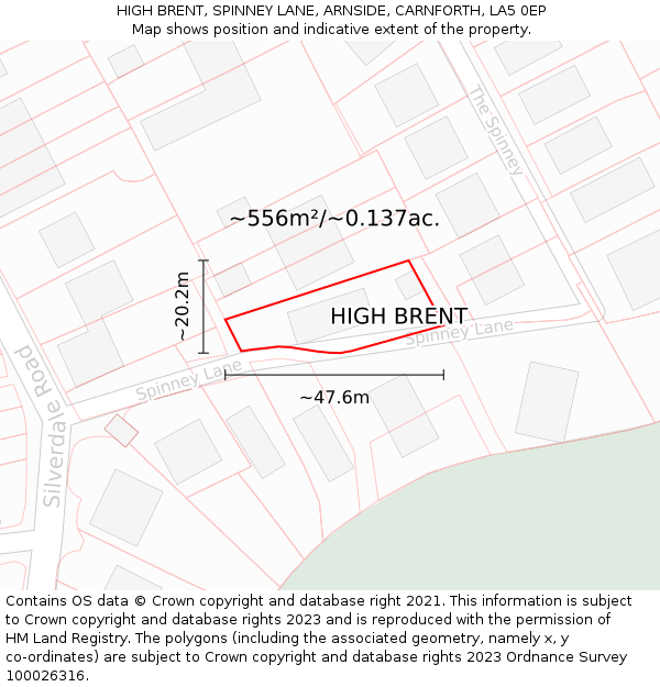 HIGH BRENT, SPINNEY LANE, ARNSIDE, CARNFORTH, LA5 0EP: Plot and title map