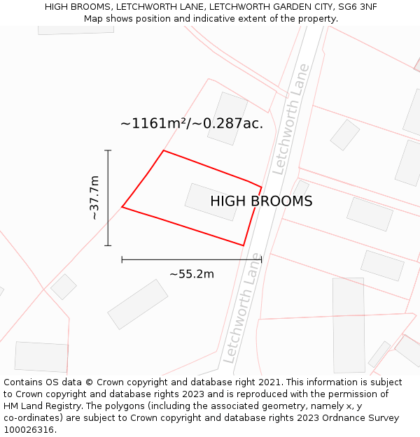 HIGH BROOMS, LETCHWORTH LANE, LETCHWORTH GARDEN CITY, SG6 3NF: Plot and title map