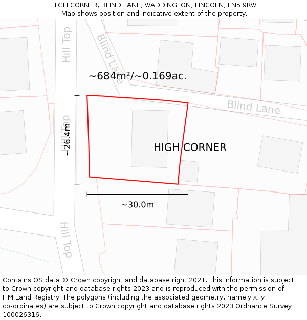 HIGH CORNER, BLIND LANE, WADDINGTON, LINCOLN, LN5 9RW: Plot and title map