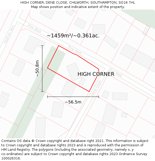 HIGH CORNER, DENE CLOSE, CHILWORTH, SOUTHAMPTON, SO16 7HL: Plot and title map
