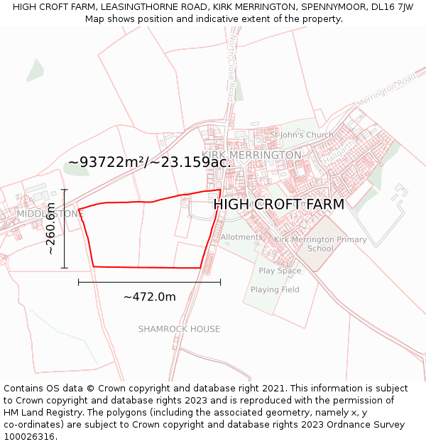 HIGH CROFT FARM, LEASINGTHORNE ROAD, KIRK MERRINGTON, SPENNYMOOR, DL16 7JW: Plot and title map