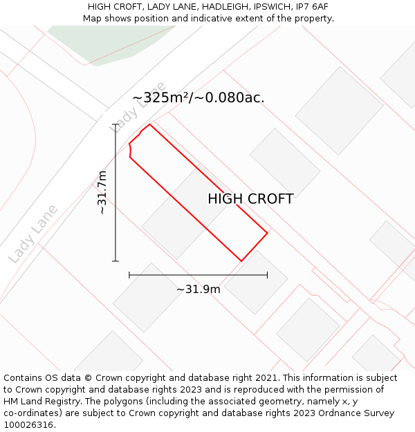 HIGH CROFT, LADY LANE, HADLEIGH, IPSWICH, IP7 6AF: Plot and title map
