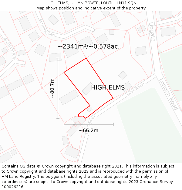 HIGH ELMS, JULIAN BOWER, LOUTH, LN11 9QN: Plot and title map