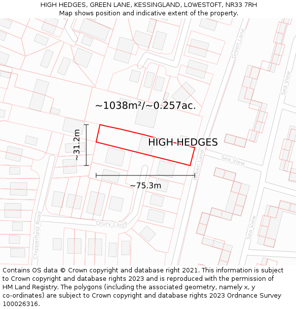 HIGH HEDGES, GREEN LANE, KESSINGLAND, LOWESTOFT, NR33 7RH: Plot and title map