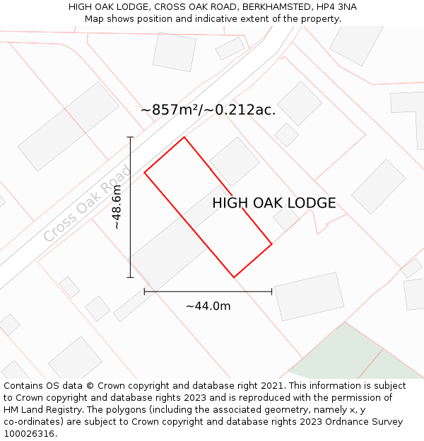 HIGH OAK LODGE, CROSS OAK ROAD, BERKHAMSTED, HP4 3NA: Plot and title map