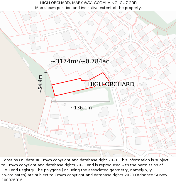 HIGH ORCHARD, MARK WAY, GODALMING, GU7 2BB: Plot and title map