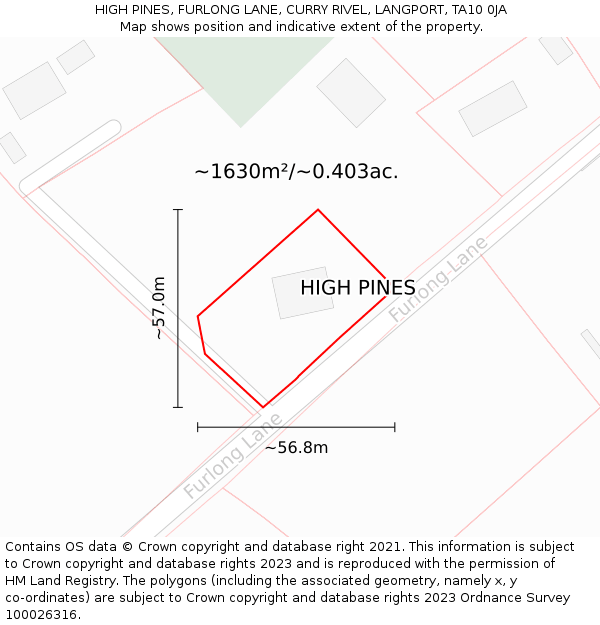 HIGH PINES, FURLONG LANE, CURRY RIVEL, LANGPORT, TA10 0JA: Plot and title map