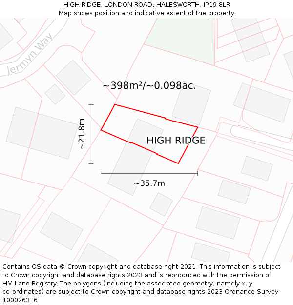 HIGH RIDGE, LONDON ROAD, HALESWORTH, IP19 8LR: Plot and title map