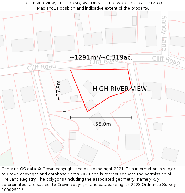 HIGH RIVER VIEW, CLIFF ROAD, WALDRINGFIELD, WOODBRIDGE, IP12 4QL: Plot and title map