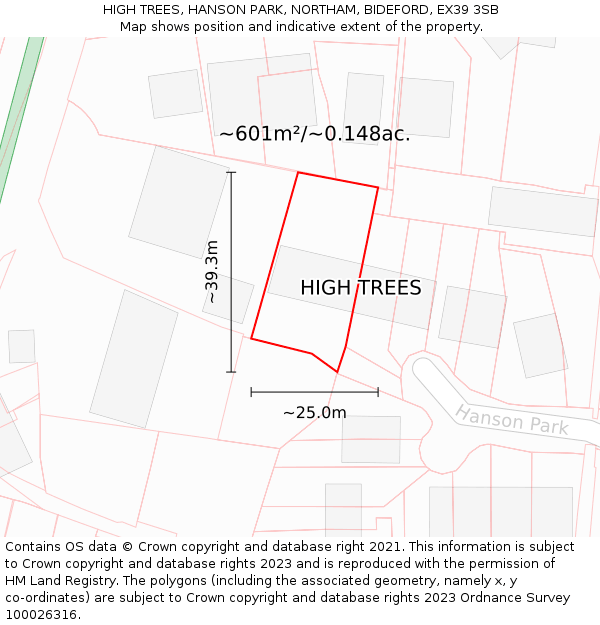 HIGH TREES, HANSON PARK, NORTHAM, BIDEFORD, EX39 3SB: Plot and title map