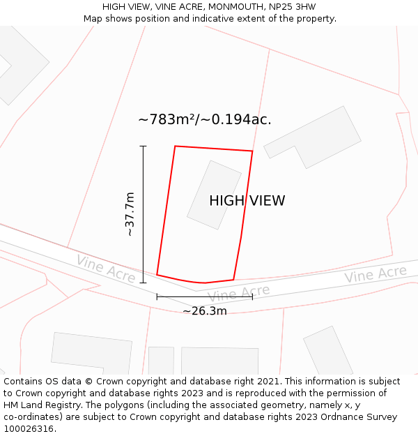 HIGH VIEW, VINE ACRE, MONMOUTH, NP25 3HW: Plot and title map