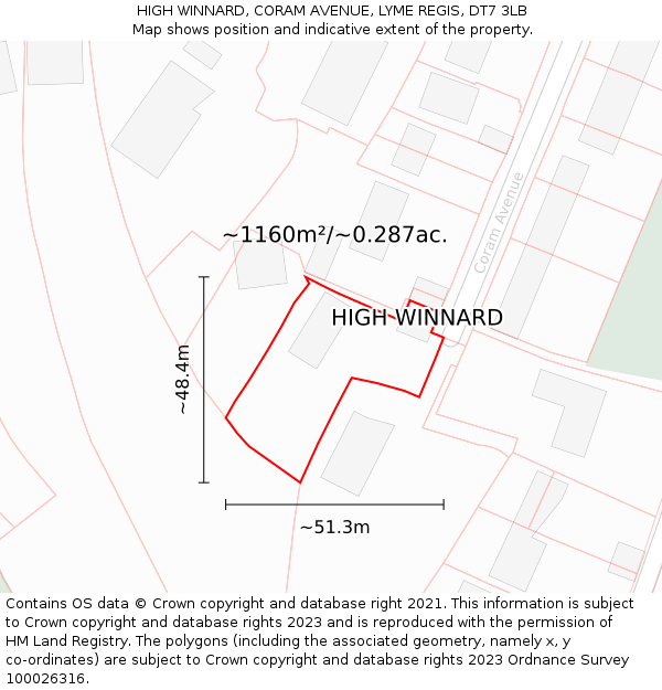 HIGH WINNARD, CORAM AVENUE, LYME REGIS, DT7 3LB: Plot and title map