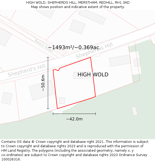 HIGH WOLD, SHEPHERDS HILL, MERSTHAM, REDHILL, RH1 3AD: Plot and title map