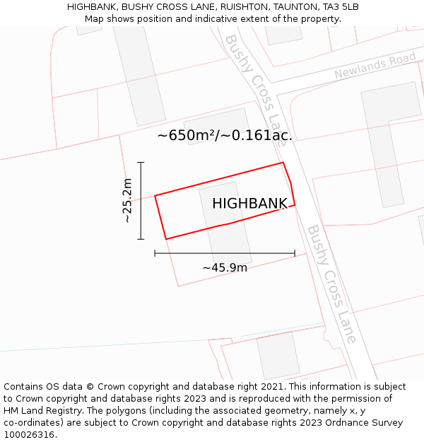 HIGHBANK, BUSHY CROSS LANE, RUISHTON, TAUNTON, TA3 5LB: Plot and title map