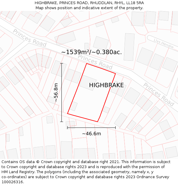 HIGHBRAKE, PRINCES ROAD, RHUDDLAN, RHYL, LL18 5RA: Plot and title map