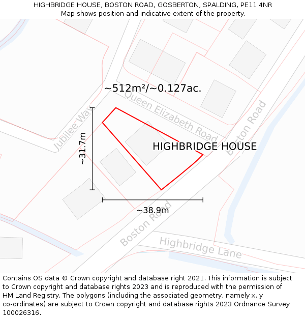 HIGHBRIDGE HOUSE, BOSTON ROAD, GOSBERTON, SPALDING, PE11 4NR: Plot and title map