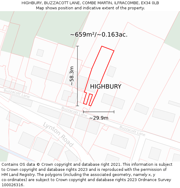 HIGHBURY, BUZZACOTT LANE, COMBE MARTIN, ILFRACOMBE, EX34 0LB: Plot and title map