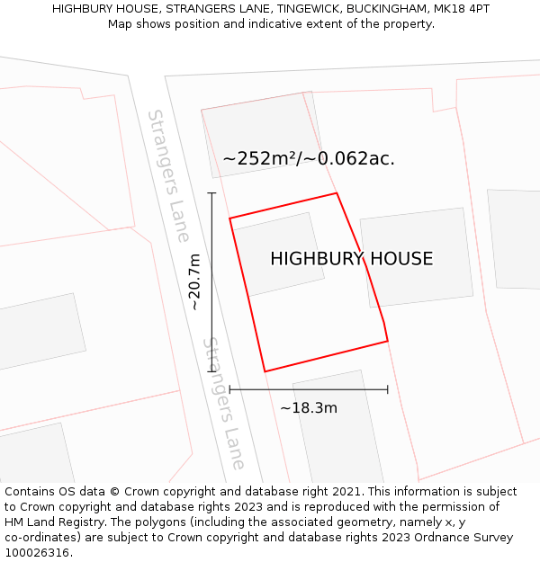 HIGHBURY HOUSE, STRANGERS LANE, TINGEWICK, BUCKINGHAM, MK18 4PT: Plot and title map