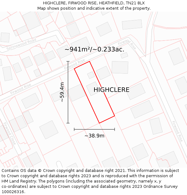 HIGHCLERE, FIRWOOD RISE, HEATHFIELD, TN21 8LX: Plot and title map