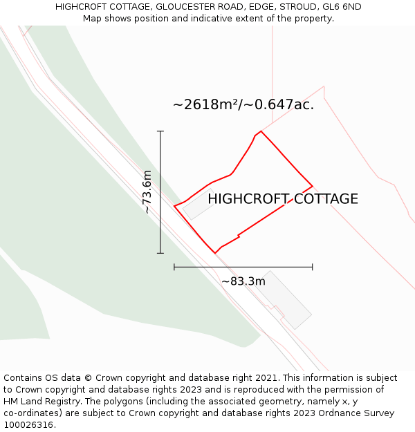 HIGHCROFT COTTAGE, GLOUCESTER ROAD, EDGE, STROUD, GL6 6ND: Plot and title map