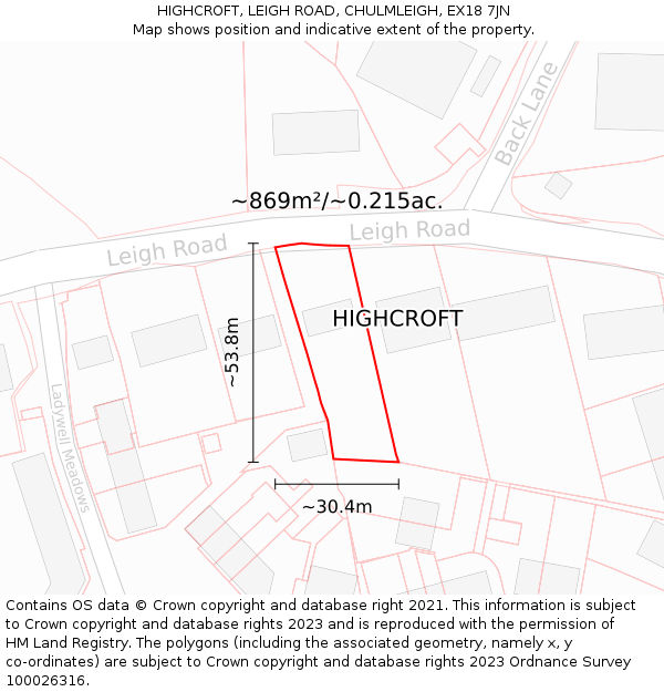 HIGHCROFT, LEIGH ROAD, CHULMLEIGH, EX18 7JN: Plot and title map