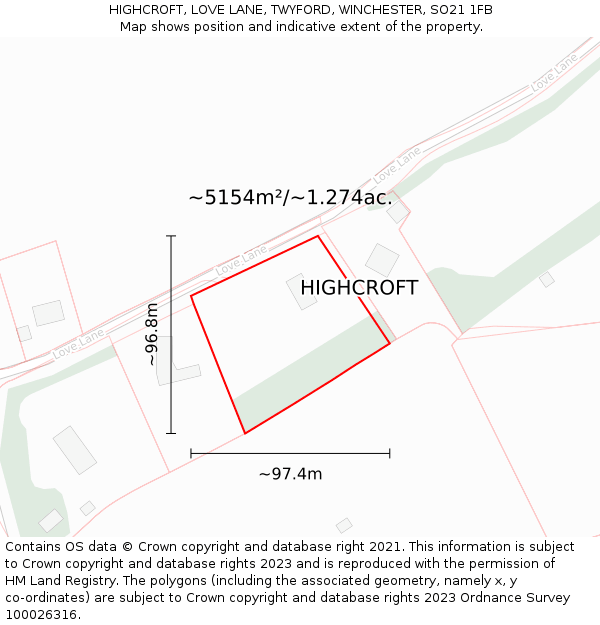 HIGHCROFT, LOVE LANE, TWYFORD, WINCHESTER, SO21 1FB: Plot and title map