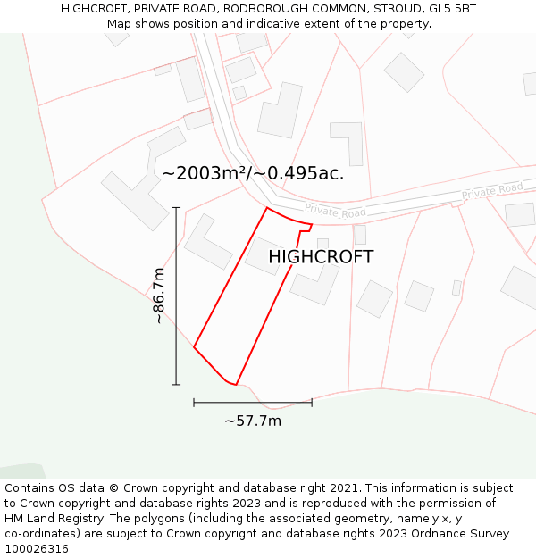 HIGHCROFT, PRIVATE ROAD, RODBOROUGH COMMON, STROUD, GL5 5BT: Plot and title map