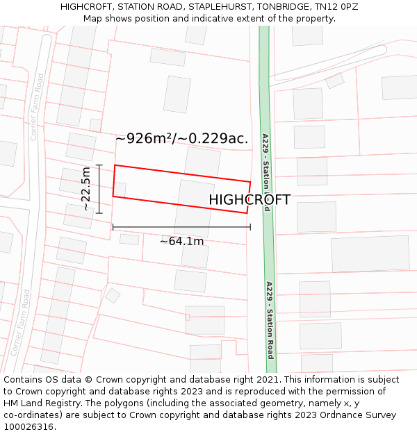 HIGHCROFT, STATION ROAD, STAPLEHURST, TONBRIDGE, TN12 0PZ: Plot and title map