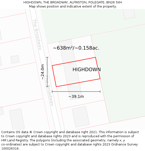HIGHDOWN, THE BROADWAY, ALFRISTON, POLEGATE, BN26 5XH: Plot and title map