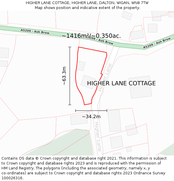 HIGHER LANE COTTAGE, HIGHER LANE, DALTON, WIGAN, WN8 7TW: Plot and title map